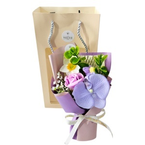 Buchet floral elegant Lavender Orchid cu trandafir de sapun, orhidee si narcisa artizanale, 20x15 cm - Img 2