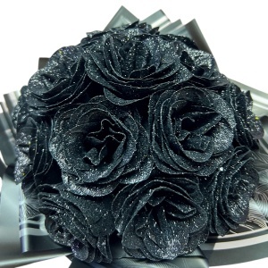 Buchet floral Glitter Black Roses cu 17 trandafiri decorativi negri premium, 40 cm - Img 3