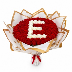 Buchet floral personalizat cu litera din 65 trandafiri de sapun, Rosu- Alb, 50x40 cm - Img 5