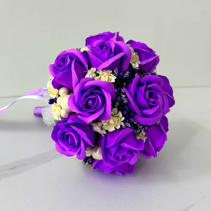 Buchet Mireasa, cu trandafiri de sapun, stamine , flori de hartie si accesorii, mov - Img 7
