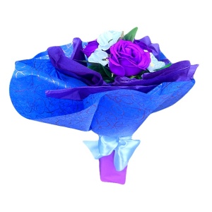 Buchet Poppy cu floare de mac si 3 trandafiri de sapun , plante artificiale, Albastru