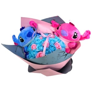 Buchet premium cu 35 trandafiri de sapun si 2 jucarii de plus Stitch, Albastru-Roz - Img 2