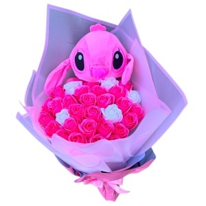 Buchet premium Stitch cu 31 trandafiri de sapun, Roz-Alb - Img 5