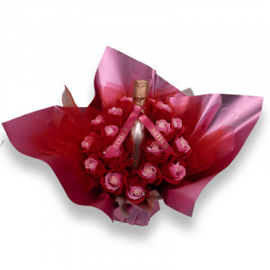 Buchet Rose cu trandafiri de sapun in degrade si spumant Bottega Rose Gold, 200ml