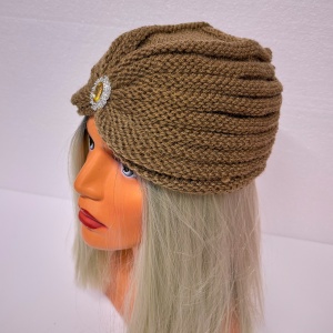 Caciula dama tip turban elegant, cu brosa, Maro inchis