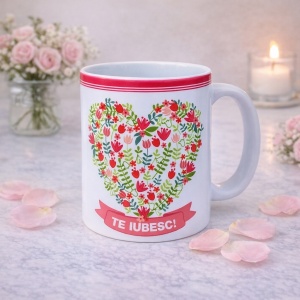 Cana cadou pentru Mama cu mesaj Te iubesc si inima florala - Img 3
