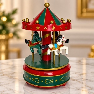 Carusel muzical decorativ cu caluti, design rosu, verde si auriu, 23 x 13 cm - Img 4