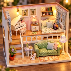 Casuta miniaturala DIY cu doua niveluri, mobilier, pian, dormitor si iluminare LED - Img 2