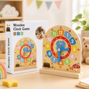Ceas educativ din lemn pentru copii Wooden Clock Game, cu 30 carduri fata-verso, 3 ani+