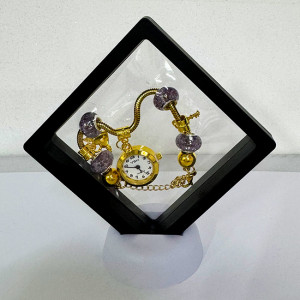 Ceas elegant Gold VSH cu pandativ, margele tip Murano si bratara reglabila, Negru 2