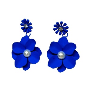 Cercei lungi Theona, design floral, cu tija si pietre artizanale, Albastru Royal