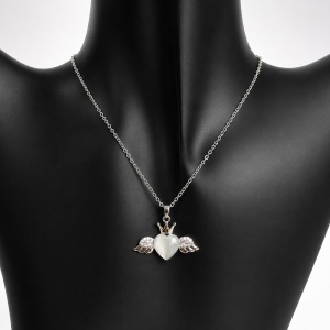 Colier Angel Heart cu pandantiv inima, aripi si coroana, decorat cu cristale, in cutie cadou, Argintiu - Img 2
