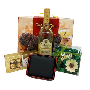 Pachet HappyEaster, Bottega Sauvignon, Panettone Granducale de 750g, 8 praline Ferrero, flori uscate si un portofel din piele naturala   