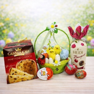 Cos cadou Paste Bunny Sweet cu Panettone Granducale, Kinder Joy si praline Heidi