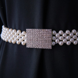 Curea elastica Pearly, catarama metalica decorativa si perle, Onix Alb 3