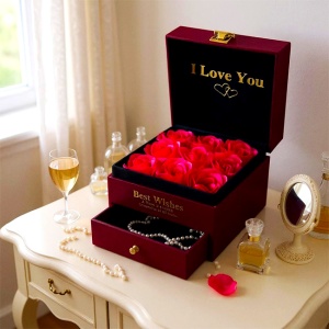Cutie cu sertar Wenderfull, mesaj text "I Love You", noua trandafiri de sapun, in punga cadou, Bordo - Img 3
