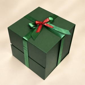 Cutie pentru cadou Green Elegance, verde cu panglica si fundita, 26x25 cm - Img 4