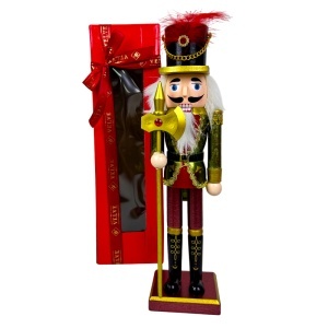 Decoratiune de Craciun, Spargatorul de Nuci, soldat regal din lemn, cu suliță decorativă, 32 cm, în cutie cadou, Rosu-Verde