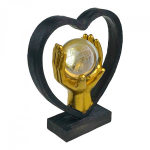 Decoratiune din rasina Together on Earth, cu arcada in forma de inima si glob de sticla 18cm, Negru/Auriu