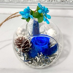 Decoratiune glob brad, cu licheni criogenati stabilizati, trandafir criogenat, ramuri de brad si merisoare, Albastru