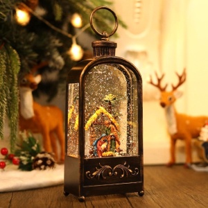 Decoratiune de Craciun muzicala, tip lampa, cu scena nasterii lui Iisus, in glob de zapada, Negru