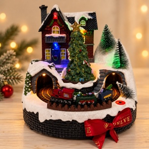 Decoratiune luminoasa de Craciun cu trenulet in miscare, casuta si brad, cu alimentare dubla, 16 cm - Img 2