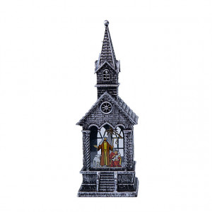 Decoratiune luminoasa in forma de capela cu ilustratie religioasa, Gri, cu LED, 17cm