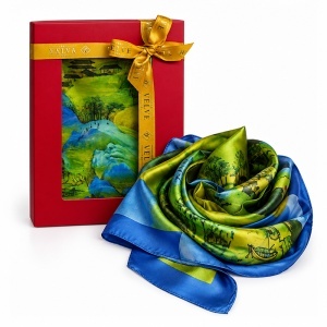 Esarfa premium dama cu peisaj din natura, 70 x 70 cm, Verde-Albastru