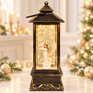 Felinar decorativ de Craciun cu LED si muzica, Inger cu porumbel, 27x10 cm, Bronz antichizat - Img 5