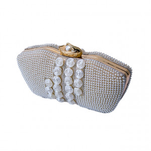 Geanta de ocazie, Opulent Style, de tip clutch, cu detalii decorative florale si perle, Crem