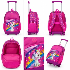 Ghiozdan cu troller Unicorn pentru fete, 45x32x16,5 cm, Roz-Mov - Img 3