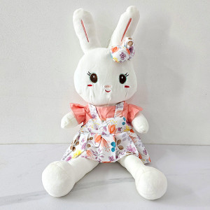 Iepuras de plus Easter Rika, cu rochita si outfit de primavara, inaltime 30 cm, Corai