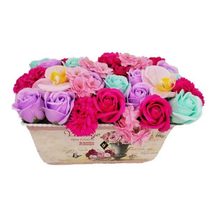 Jardiniera cu aranjament floral deosebit, cu trandafiri de sapun, flori de cires si orhidee,, 27x17x13 cm1