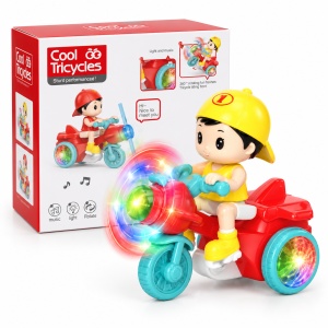 Jucarie electrica Tricicleta cu personaj, lumini, muzica si elice rotativa, 19 cm