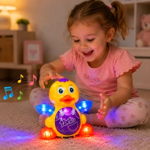 Jucarie interactiva Funny Duck, ratusca dansatoare cu muzica si lumini, 19 cm - Img 2
