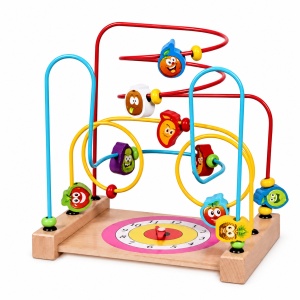 Labirint educational din lemn cu fructe, ceas si margele, multicolor, 3+ ani