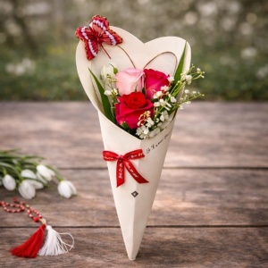 Martisor vestirea primaverii cu 3 trandafiri din sapun si margaritari, rosu-roz