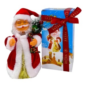 Mos Craciun animat care canta si danseaza, cu saculet festiv cu cadouri, 15 cm, Rosu-Alb