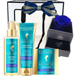 Pachet Bleuhold pentru femei, trandafir criogenat in cutiuta cu sertar, ulei pentru corp, crema pentru picioare si crema pentru par