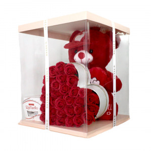 Pachet cadou pentru indragostiti, Bady, ursulet de plus cu sunet/mesaj de iubire, 40 cm, aranjament floral cu 31 trandafiri de sapun si praline Raffaello 150g, ambalate in cutie cadou - Img 4