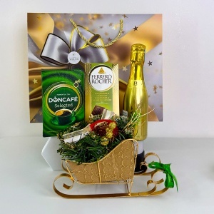 Pachet Christmas Delight, cafea Doncafe Selected, ciocolata Ferrero Rocher, Bottega Gold 200 ml si Sanie Decorativă 15x10 cm, in punga cadou - Img 2