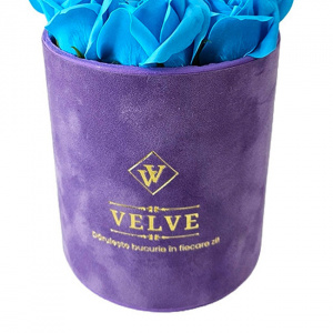 Pachet dama VLV, Aranjament floral cu trandafiri de sapun, in cutie mov de catifea, parfum Riiffs Gemini Pour Femme si praline Raffaello, Bleu