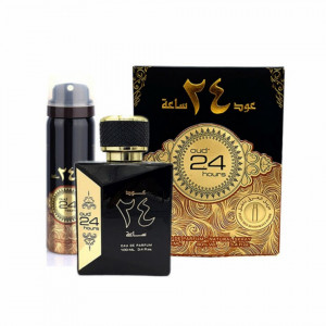 Pachet DDES, Jurnal Vintage pentru calatorii, o caseta eleganta cu 4 accesorii pentru vin si un Parfum arabesc Ard al Zaafaran, Oud 24 Hours, Unisex, Apa de Parfum 100 ml + Deodorant Spray 50ml