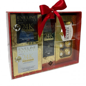 Pachet Goldishold pentru femei, cu crema de Zi, crema de Noapte, Ser 24K atin-wrinkle si praline Ferrero