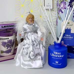 Pachet Lavender Angel, cu set cana ceramica, farfurie si lingurita, difuzor Blue Lavender si inger decorativ alb, in punga cadou - Img 3