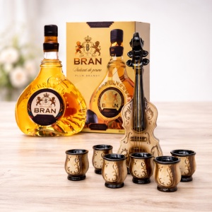 Pachet Minibar sinfonia cu Bran Palinca de Prune 50% 0.7L , Plosca in forma de vioara si 6 pahare din ceramica