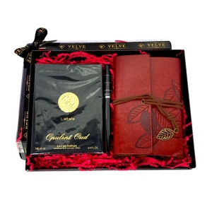Pachet Opulent pentru barbati, cu jurnal vintage, pix, parfum arabesc Lattafa Opulent Oud 100 ml, in cutie cadou