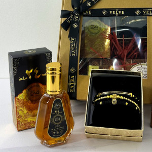 Pachet cadou pentru barbati Eleganta Orientala, cu Parfum arabesc Ard al Zaafaran, Oud 24 Hours 50ml, set 3 bratari in cutie cadou, si ciocolata Ferrero Rocher 1