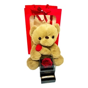 Pachet pentru indragostiti, A Drop of Love, ursulet de plus 30 cm si cutie trandafir de sapun si set 5 bratari, Maro