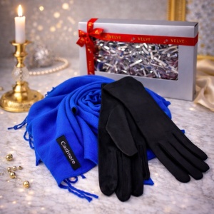 Pachet Secret , pentru femei, cu esarfa lunga Belladona si manusi elegante, asortate, in cutie cu fereastra, Albastru royal